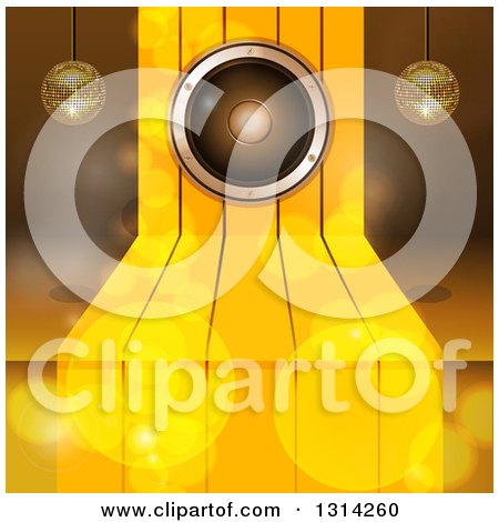 Clipart of a 3d Music Speaker on Gold Steps, with Suspended Disco Music Balls and Flares - Royalty Free Vector Illustration by elaineitalia