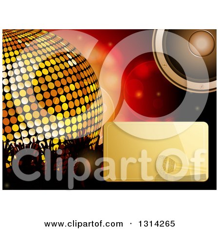 Clipart of a Shiny Gold Microphone Text Box and Music Speaker over Flares, a 3d Giant Disco Ball and Silhouetted Hands - Royalty Free Vector Illustration by elaineitalia