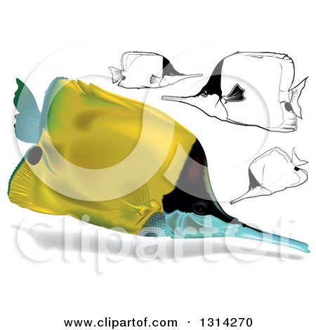 Clipart of 3d and Cartoon Yellow Longnose Butterflyfish Marine Fish - Royalty Free Vector Illustration by dero