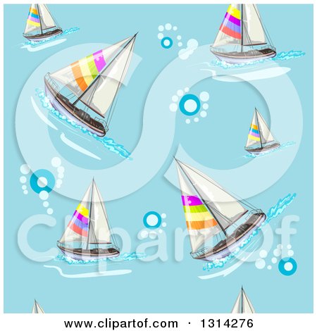 Clipart of a Background of Bubbles and Sailobats on Blue - Royalty Free Vector Illustration by merlinul