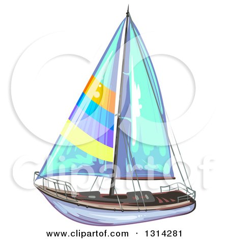 Clipart of a Sailboat with Colorful Stripes and Blue Sails - Royalty Free Vector Illustration by merlinul