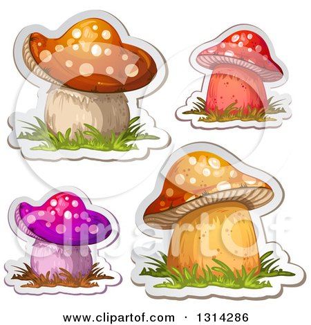 Clipart of Sticker Styled Mushrooms with Grass and White Outlines - Royalty Free Vector Illustration by merlinul
