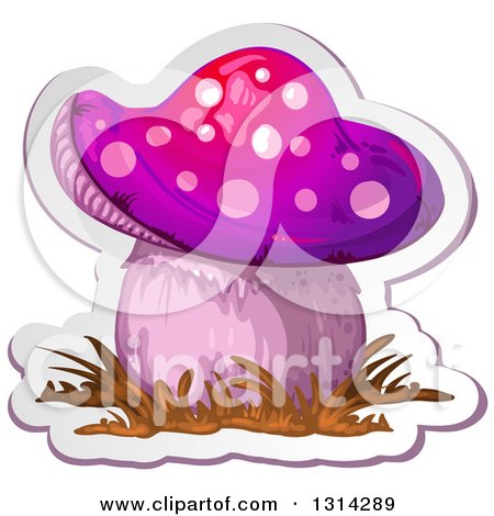 Clipart of a Sticker Styled Purple Mushroom with Grass and a White Outline - Royalty Free Vector Illustration by merlinul