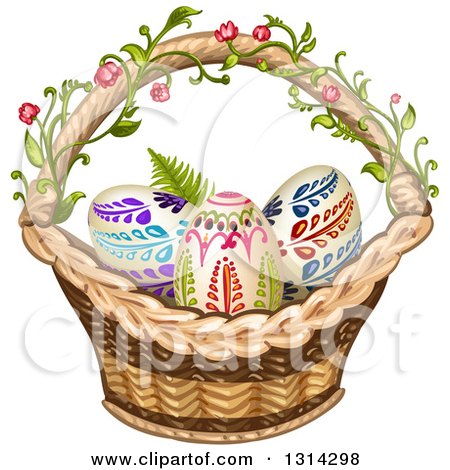 Clipart of a Wicker Basket with a Floral Vine and Ornate Easter Eggs - Royalty Free Vector Illustration by merlinul