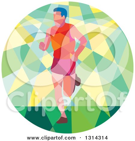 Clipart of a Retro Geometric Low Poly Male Marathon Runner in a Green and Yellow Circle - Royalty Free Vector Illustration by patrimonio