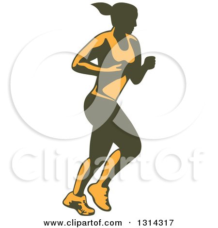 Clipart of a Retro Yellow and Olive Green Female Marathon Runner - Royalty Free Vector Illustration by patrimonio