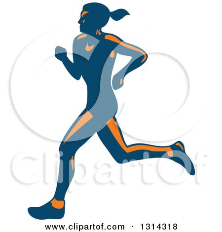 Clipart of a Retro Blue and Orange Female Marathon Runner 2 - Royalty Free Vector Illustration by patrimonio