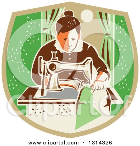 Clipart of a Retro Seamstress Woman Sewing with a Machine by a Window in a Tan and Green Shield - Royalty Free Vector Illustration by patrimonio