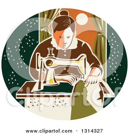 Clipart of a Retro Seamstress Woman Sewing with a Machine by a Window in a Dark Green Oval - Royalty Free Vector Illustration by patrimonio
