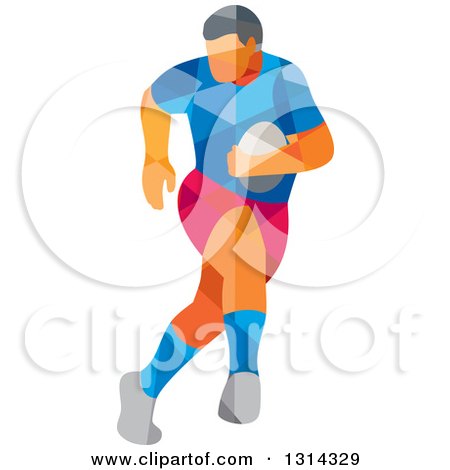 Clipart of a Retro Geometric Low Poly Rugby Player Running 2 - Royalty Free Vector Illustration by patrimonio