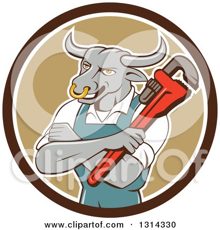 Clipart of a Cartoon Bull Man Plumber Mascot with Folded Arms, Holding a Monkey Wrench in a Brown and White Circle - Royalty Free Vector Illustration by patrimonio