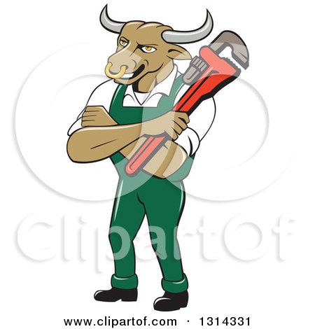 Clipart of a Cartoon Bull Man Plumber Mascot with Folded Arms, Holding a Monkey Wrench - Royalty Free Vector Illustration by patrimonio