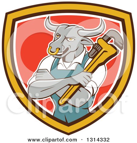 Clipart of a Cartoon Bull Man Plumber Mascot with Folded Arms, Holding a Monkey Wrench in a Brown Yellow White and Red Shield - Royalty Free Vector Illustration by patrimonio