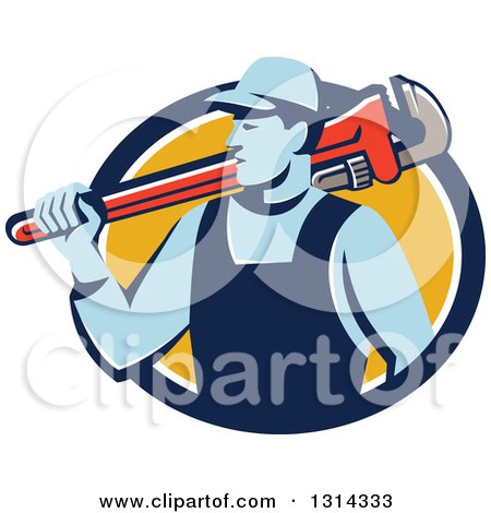 Clipart of a Retro Male Plumber Holding a Giant Monkey Wrench over His Shoulder in a Blue White and Yellow Circle - Royalty Free Vector Illustration by patrimonio