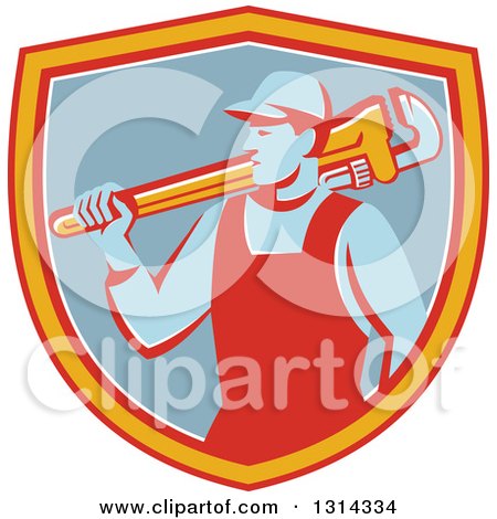 Clipart of a Retro Male Plumber Holding a Giant Monkey Wrench over His Shoulder in a Red Yellow White and Blue Shield - Royalty Free Vector Illustration by patrimonio