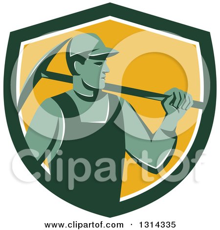 Clipart of a Retro Male Coal Miner Holding a Pickaxe in a Green White and Yellow Shield - Royalty Free Vector Illustration by patrimonio