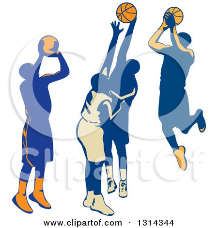 Clipart of Retro Male Basketball Players Shooting and Blocking - Royalty Free Vector Illustration by patrimonio