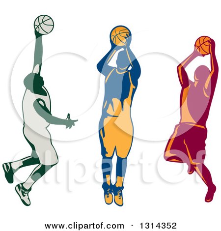 Clipart of Retro Male Basketball Players Doing Jump Shots - Royalty Free Vector Illustration by patrimonio