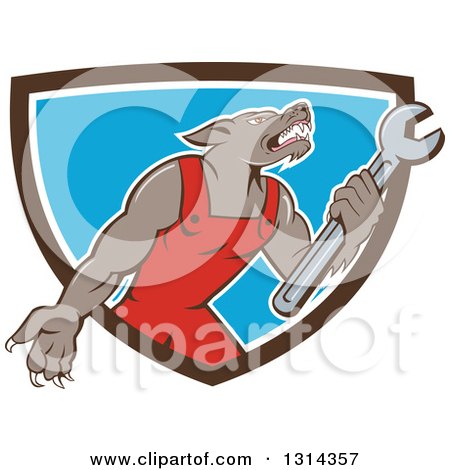 Clipart of a Cartoon Wolf Mechanic Mascot Wearing Red Overalls and Holding a Wrench in a Brown White and Blue Shield - Royalty Free Vector Illustration by patrimonio