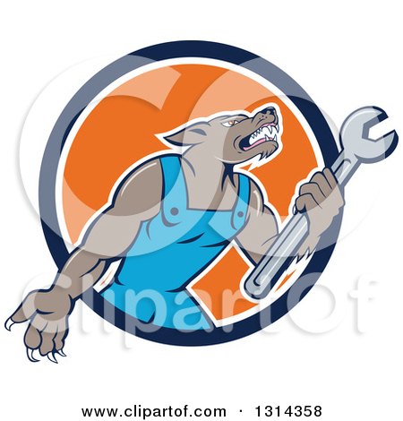 Clipart of a Cartoon Wolf Mechanic Mascot Wearing Blue Overalls and Holding a Wrench in a Blue White and Orange Circle - Royalty Free Vector Illustration by patrimonio