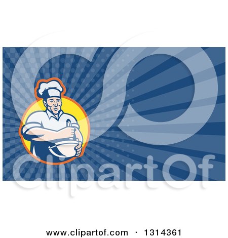 Clipart of a Retro Cartoon Male Chef Holding a Mixing Bowl and Blue Rays Background or Business Card Design - Royalty Free Illustration by patrimonio