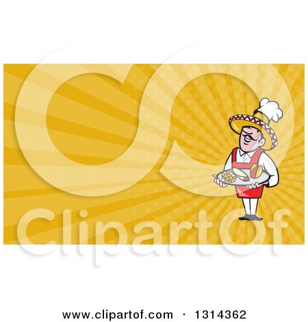 Clipart of a Cartoon Happy Male Mexican Chef Holding a Taco Burrito and Chips on a Platter and Yellow Rays Background or Business Card Design - Royalty Free Illustration by patrimonio