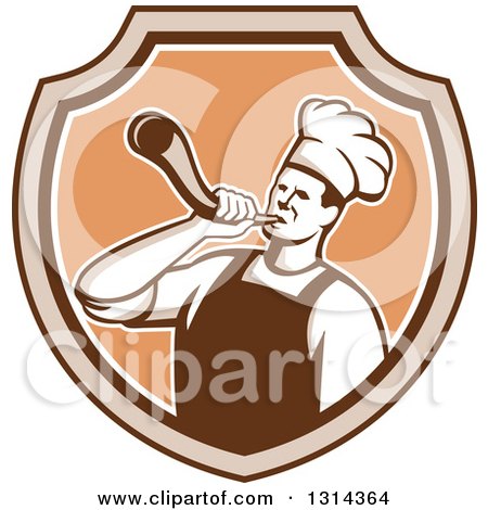 Clipart of a Retro Male Chef Blowing a Horn in a Brown and Tan Shield - Royalty Free Vector Illustration by patrimonio