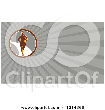 Clipart of a Retro Male Marathon Runner and Gray Rays Background or Business Card Design - Royalty Free Illustration by patrimonio