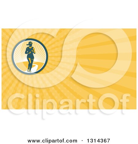 Clipart of a Retro Female Marathon Runner at Sunrise and Yellow Rays Background or Business Card Design - Royalty Free Illustration by patrimonio