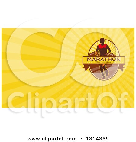 Clipart of a Retro Male Marathon Runner with a Banner, Mountains and Yellow Rays Background or Business Card Design - Royalty Free Illustration by patrimonio