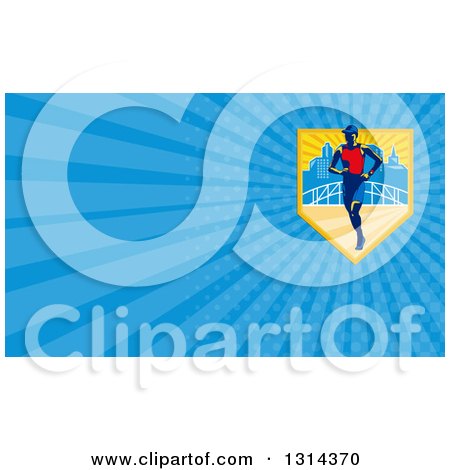 Clipart of a Retro Male Marathon Runner in a City and Blue Rays Background or Business Card Design - Royalty Free Illustration by patrimonio
