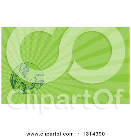Clipart of a Sketched or Engraved Herbicide Sprayer and Green Rays Background or Business Card Design - Royalty Free Illustration by patrimonio