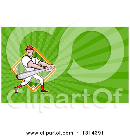 Clipart of a Cartoon White Male Baseball Player Batting and Green Rays Background or Business Card Design - Royalty Free Illustration by patrimonio