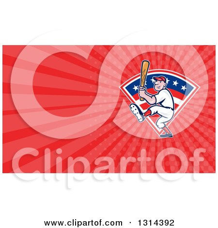 Clipart of a Cartoon White Male Baseball Player Batting and Red Rays Background or Business Card Design - Royalty Free Illustration by patrimonio