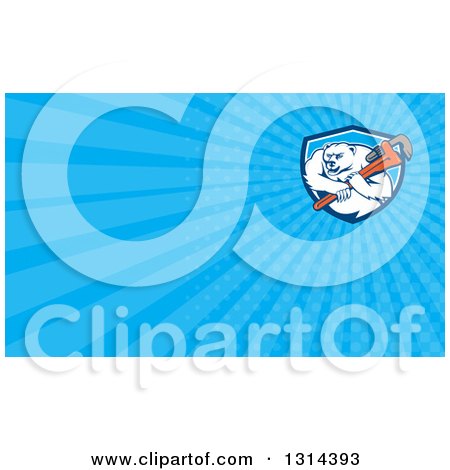 Clipart of a Cartoon Polar Bear Plumber Mascot Wielding a Monkey Wrench and Blue Rays Background or Business Card Design - Royalty Free Illustration by patrimonio