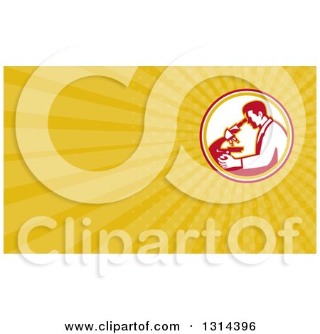 Clipart of a Retro Male Scientist Using a Microscope and Yellow Rays Background or Business Card Design - Royalty Free Illustration by patrimonio