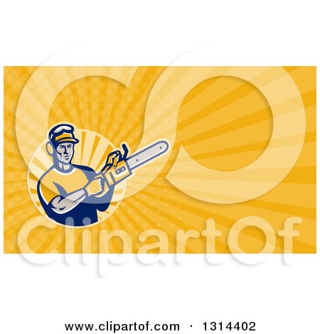 Clipart of a Retro Cartoon Male Arborist Holding a Chainsaw and Yellow Rays Background or Business Card Design - Royalty Free Illustration by patrimonio