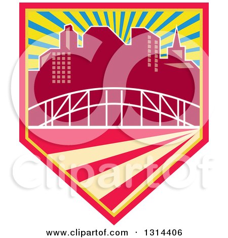 Clipart of a Retro City Skyline and Bridge in a Shield with Rays - Royalty Free Vector Illustration by patrimonio