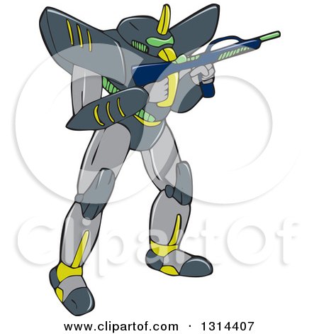 Clipart of a Cartoon Mecha Robot Warrior Holding a Gun - Royalty Free Vector Illustration by patrimonio