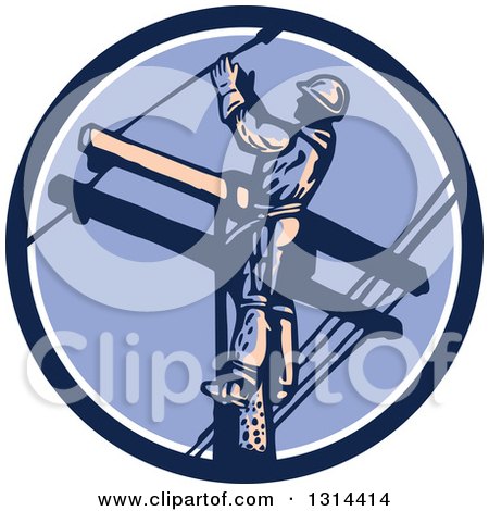 Clipart of a Retro Male Lineman Working on a Pole in a Blue White and Purple Circle - Royalty Free Vector Illustration by patrimonio