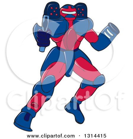 Clipart of a Cartoon Mecha Robot Warrior Aiming a Gun - Royalty Free Vector Illustration by patrimonio