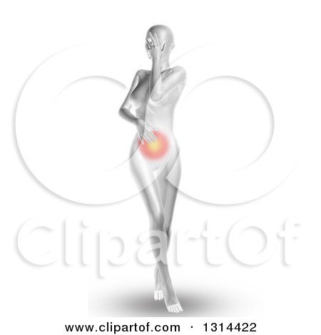 Clipart of a 3d Medical Anatomical Female with Glowing Stomach Pain, on White - Royalty Free Illustration by KJ Pargeter