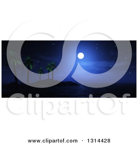 Clipart of a Full Moon in the Night Sy, over a Tropical Palm Tree Island - Royalty Free Illustration by KJ Pargeter