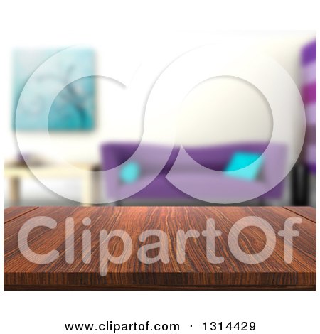 Clipart of a 3d Close up of a Wooden Table and a Blurred Living Room with a Purple Couch - Royalty Free Illustration by KJ Pargeter
