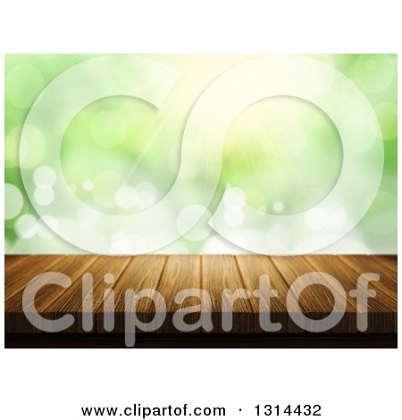 Clipart of a 3d Close up of a Wooden Table over Blurred Green with Light and Flares - Royalty Free Illustration by KJ Pargeter