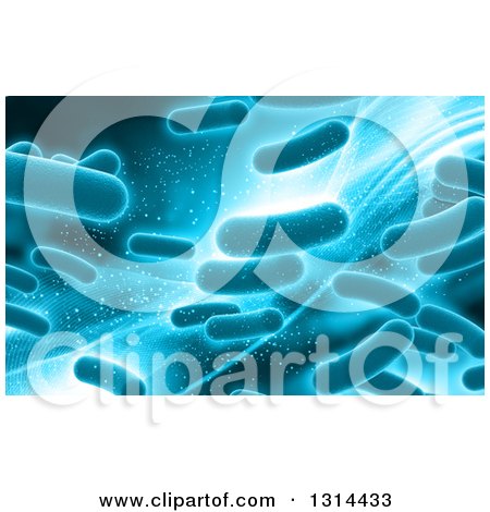 Clipart of a Background of 3d Blue Virus Cells and Waves - Royalty Free Illustration by KJ Pargeter
