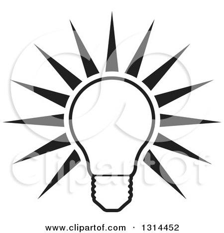 Clipart of a Shining Black and White Bright Light Bulb and Rays - Royalty Free Vector Illustration by Lal Perera