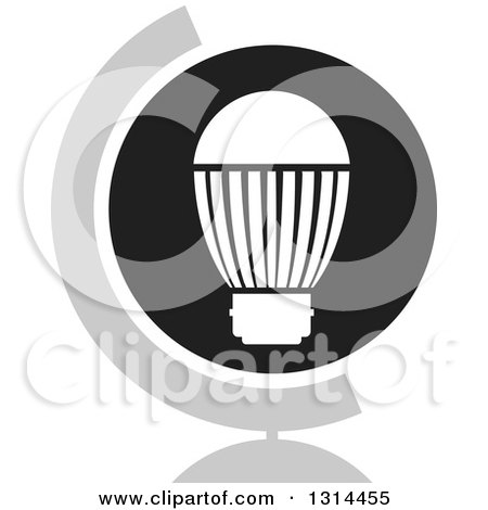 Clipart of a White LED Light Bulb in a Round Black Icon with a Reflection and Globe Stand - Royalty Free Vector Illustration by Lal Perera