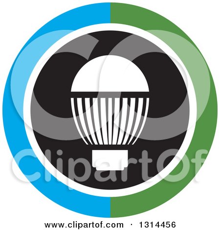 Clipart of a White LED Light Bulb in a Round Black, Green, White and Blue Icon - Royalty Free Vector Illustration by Lal Perera