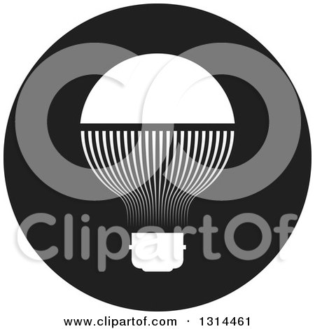 Clipart of a White LED Light Bulb in a Round Black Icon - Royalty Free Vector Illustration by Lal Perera